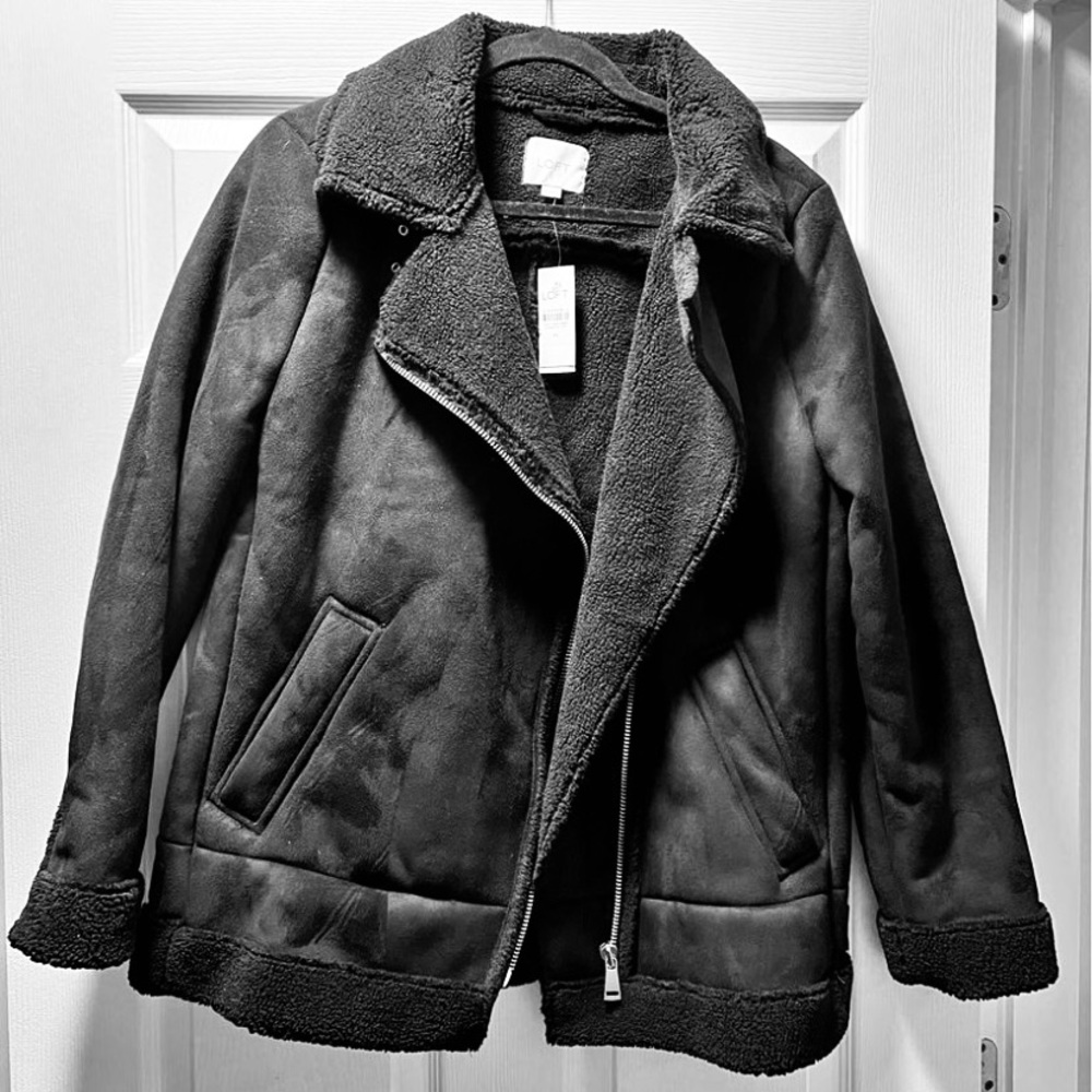 LOFT Women's Black Faux Suede Aviator Jacket, Size M, NWT